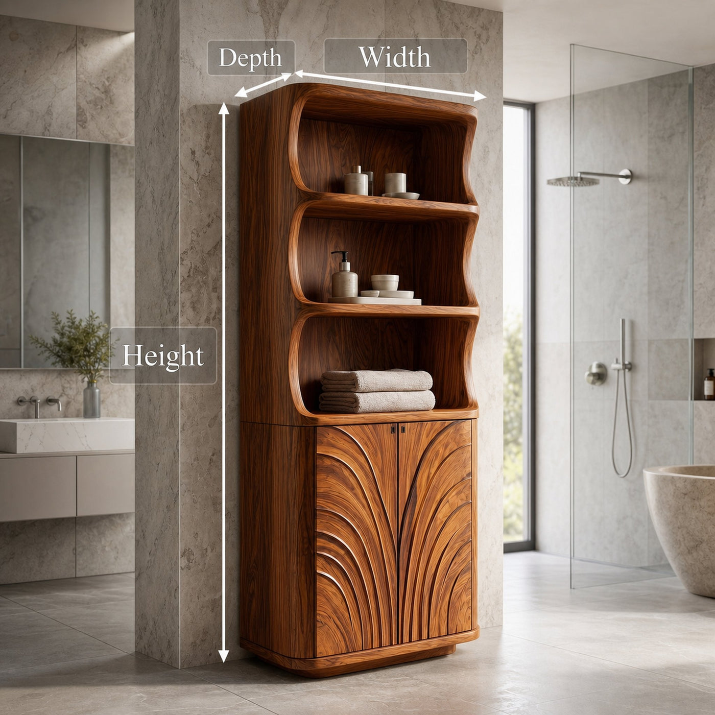 Organic Bathroom Storage Cabinet With Curved Open Shelves And Carved Wooden Doors For Bathroom - product view 8