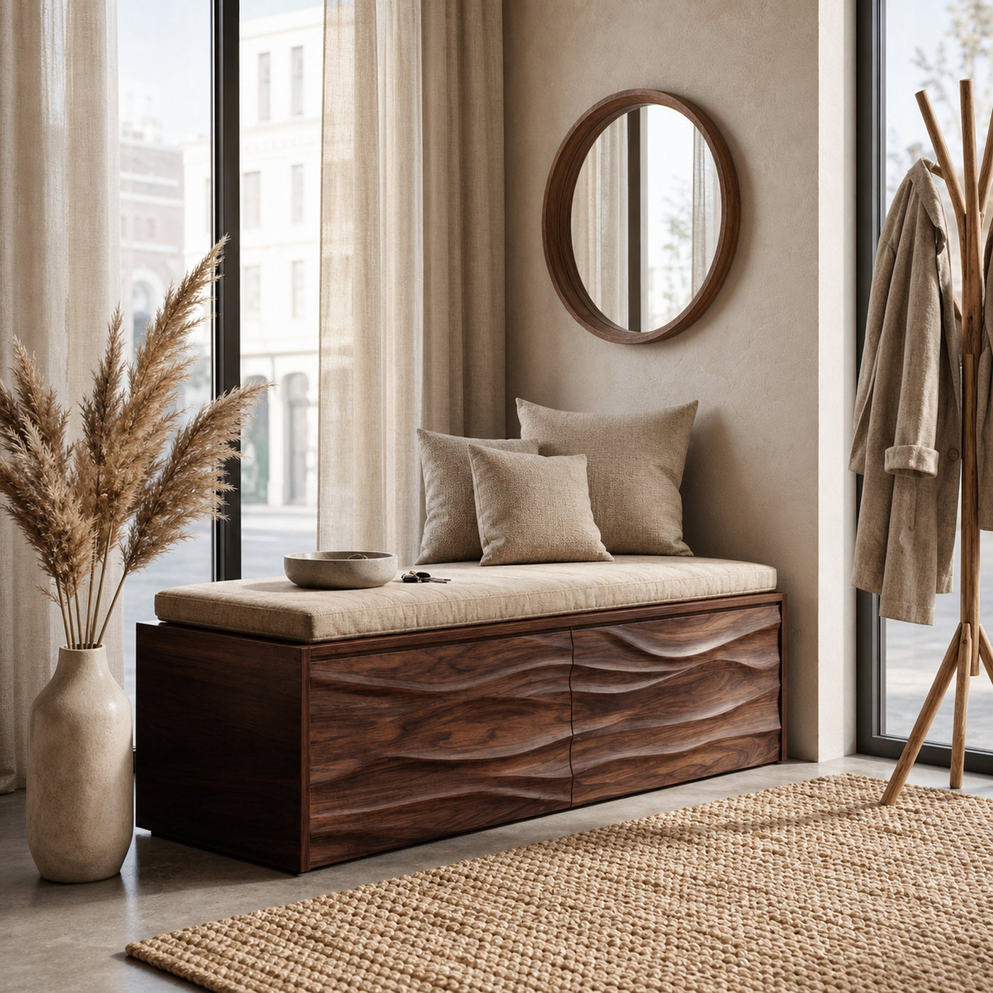 Organic Carved Storage Bench For Home Styles