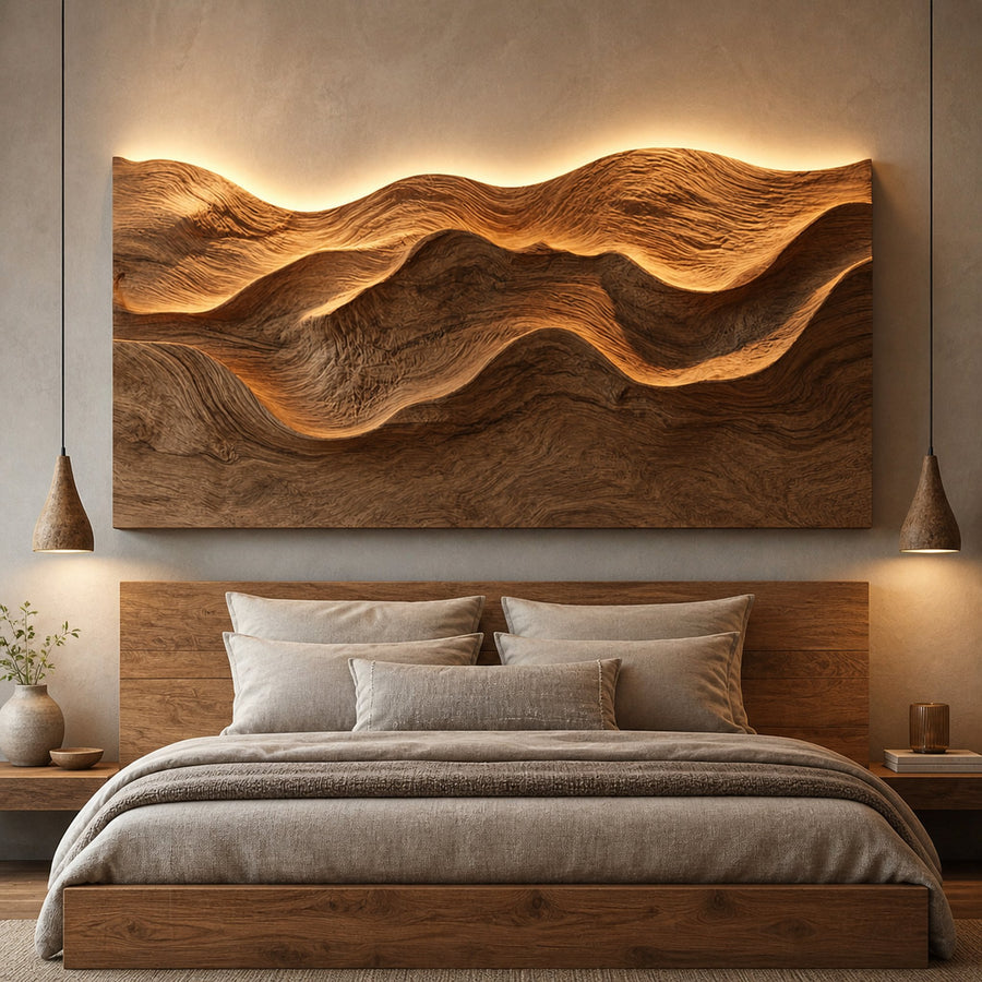 Organic Carved Wood Headboard Solid Wood Bedroom Interior Feature
