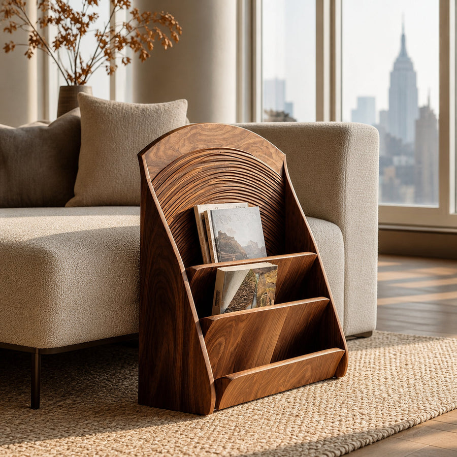 Organic Carved Wooden Magazine Rack For Home Storage