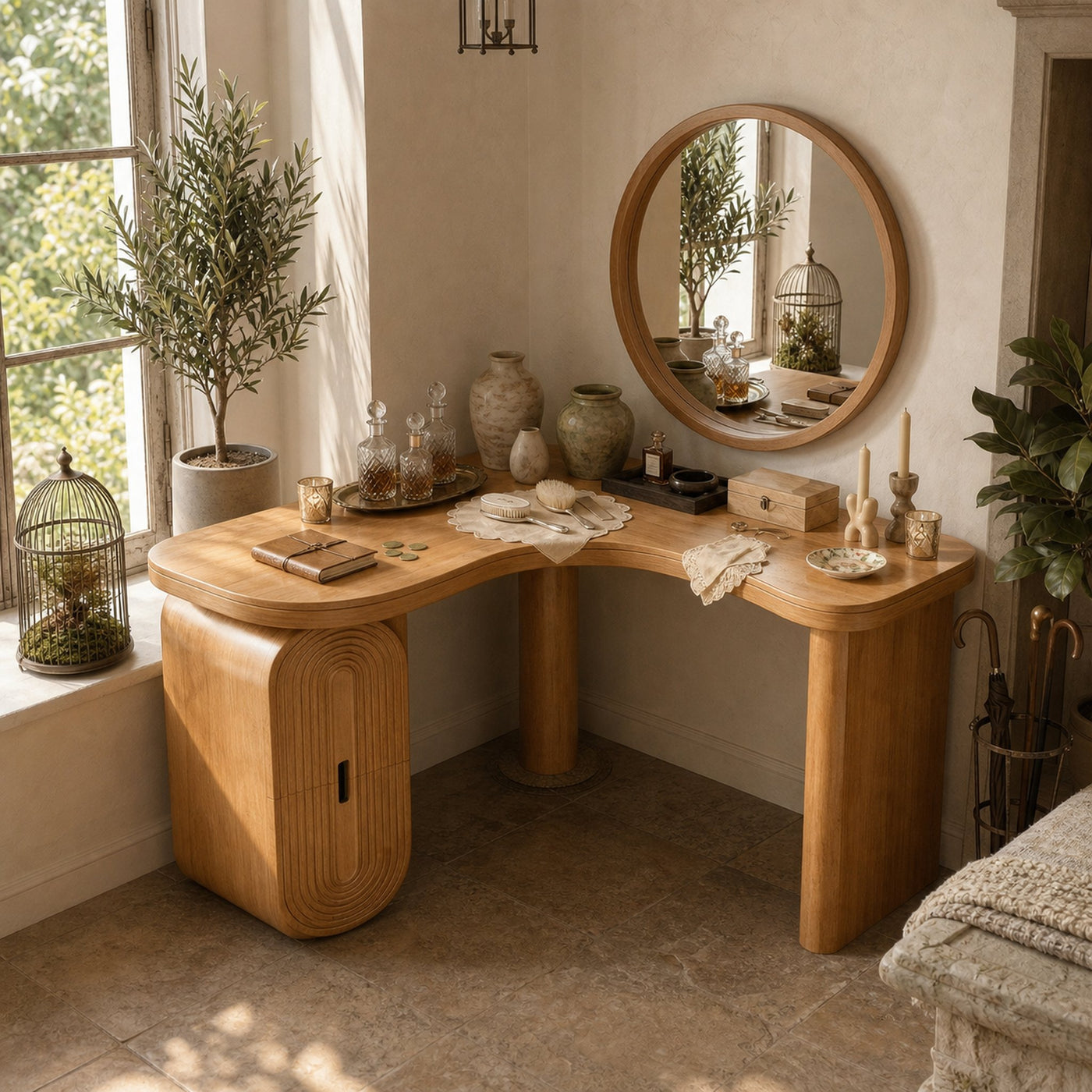 Organic Corner Dressing Table With Storage For Bedroom Decor