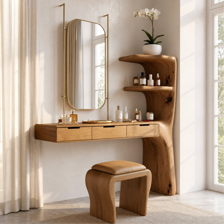 Organic Dressing Table With Built In Storage Shelves For Bedroom And Dressing Room