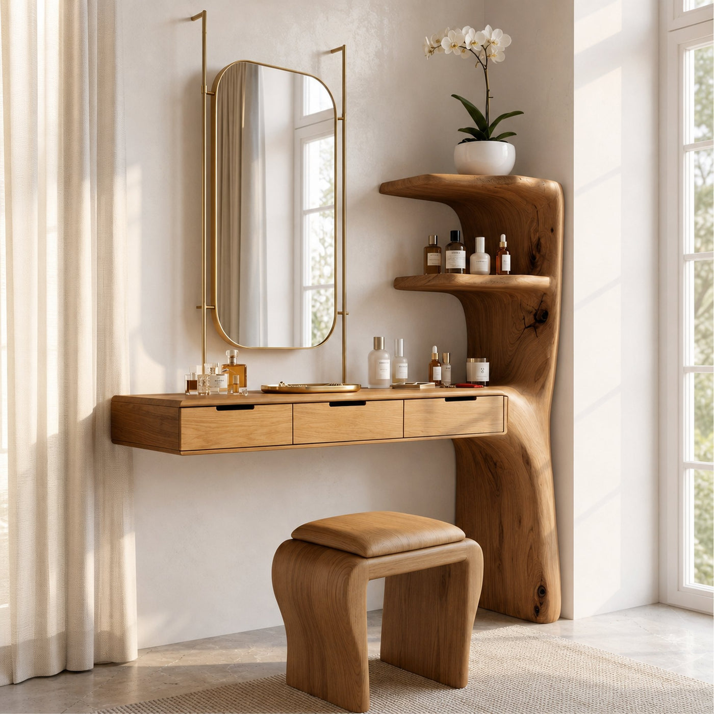 Organic Dressing Table With Built In Storage Shelves For Bedroom And Dressing Room