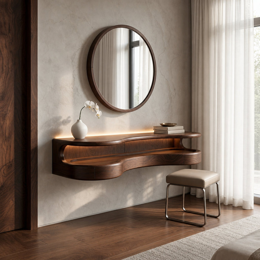 Organic Floating Vanity Desk With Rounded Wood Shelf For Bedroom
