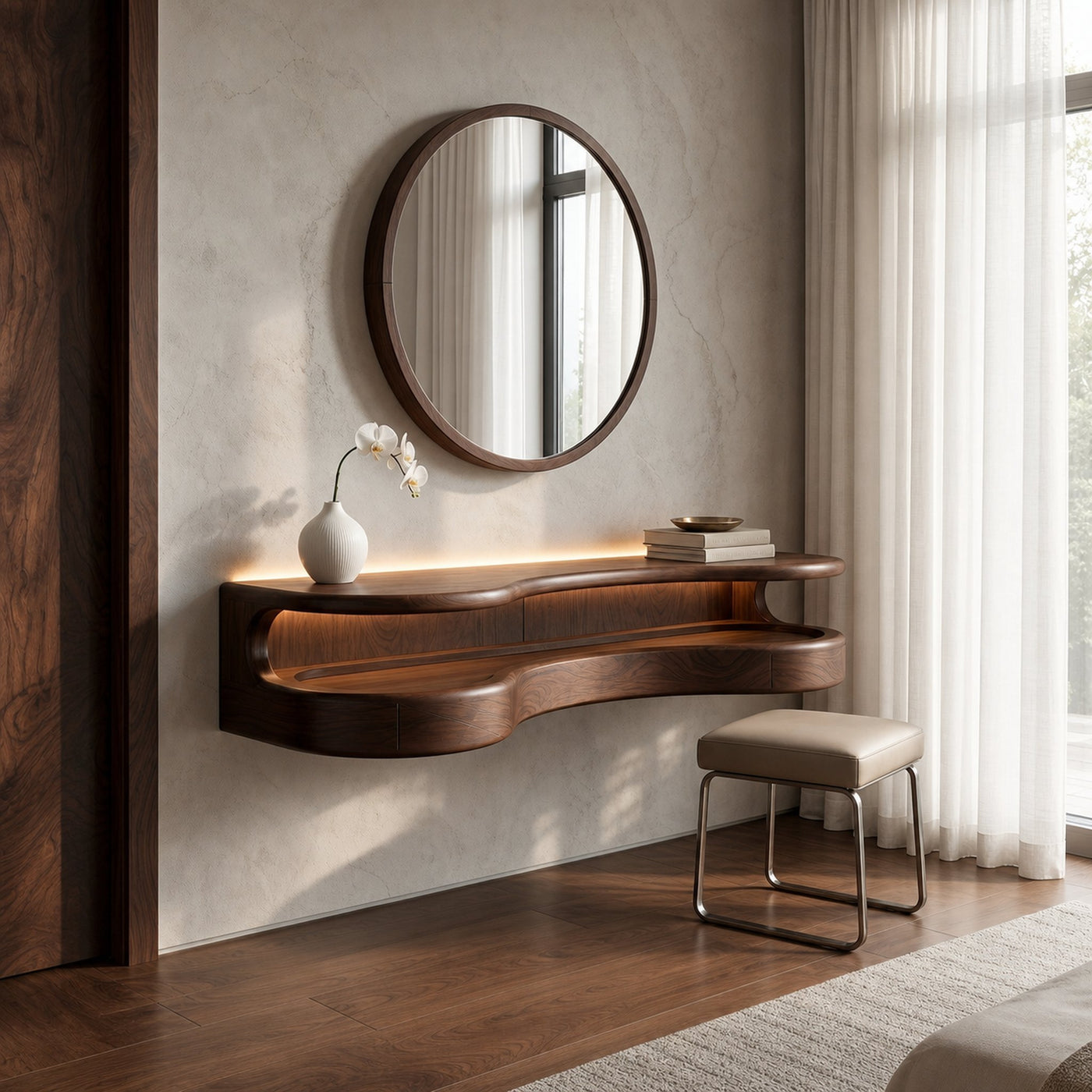 Organic Floating Vanity Desk With Rounded Wood Shelf For Bedroom