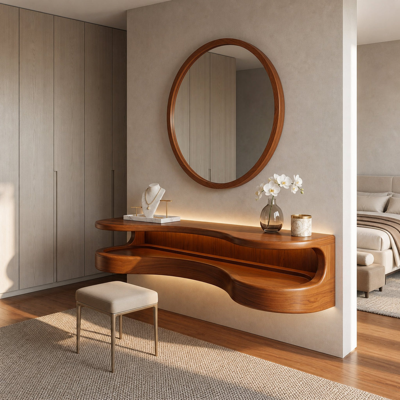 Organic Floating Vanity Desk With Rounded Wood Shelf For Bedroom - product view 6