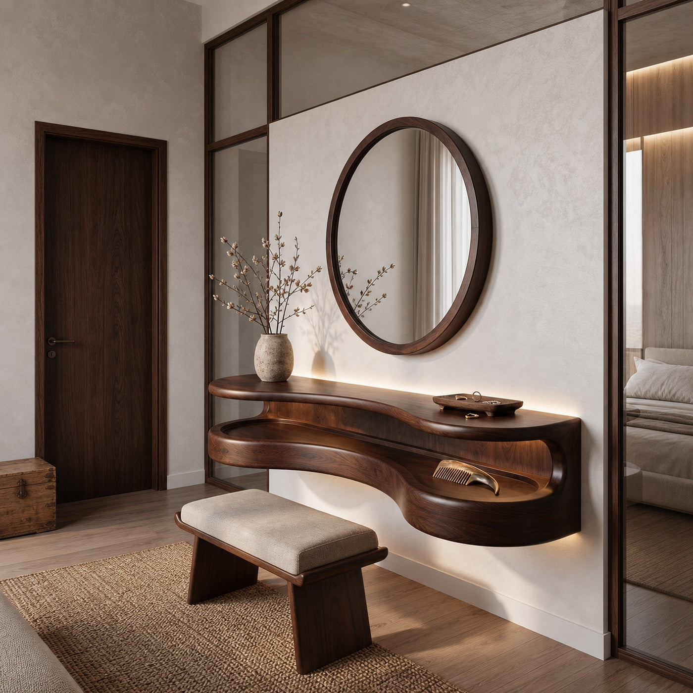 Organic Floating Vanity Desk With Rounded Wood Shelf For Bedroom - product view 7