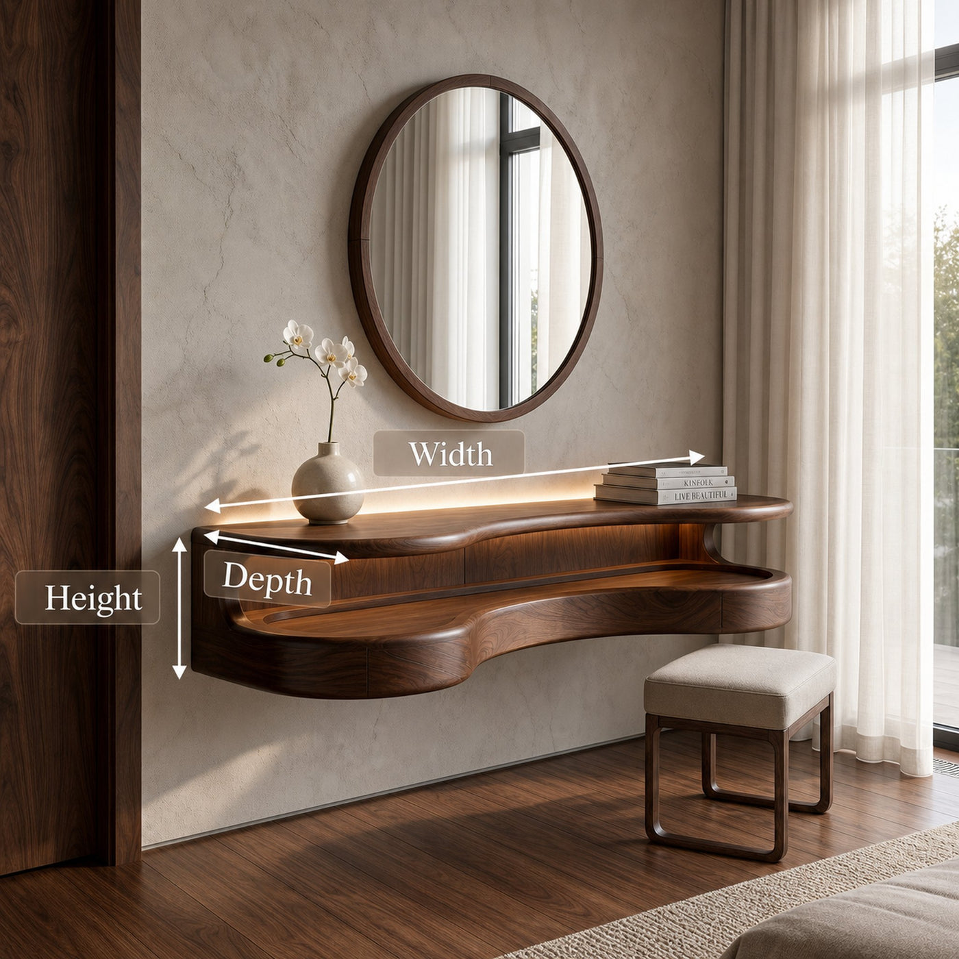 Organic Floating Vanity Desk With Rounded Wood Shelf For Bedroom - product view 8