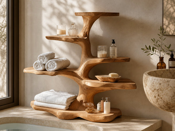 Organic Freestanding Tree Shelf For Bathroom Storage And Interior Decor