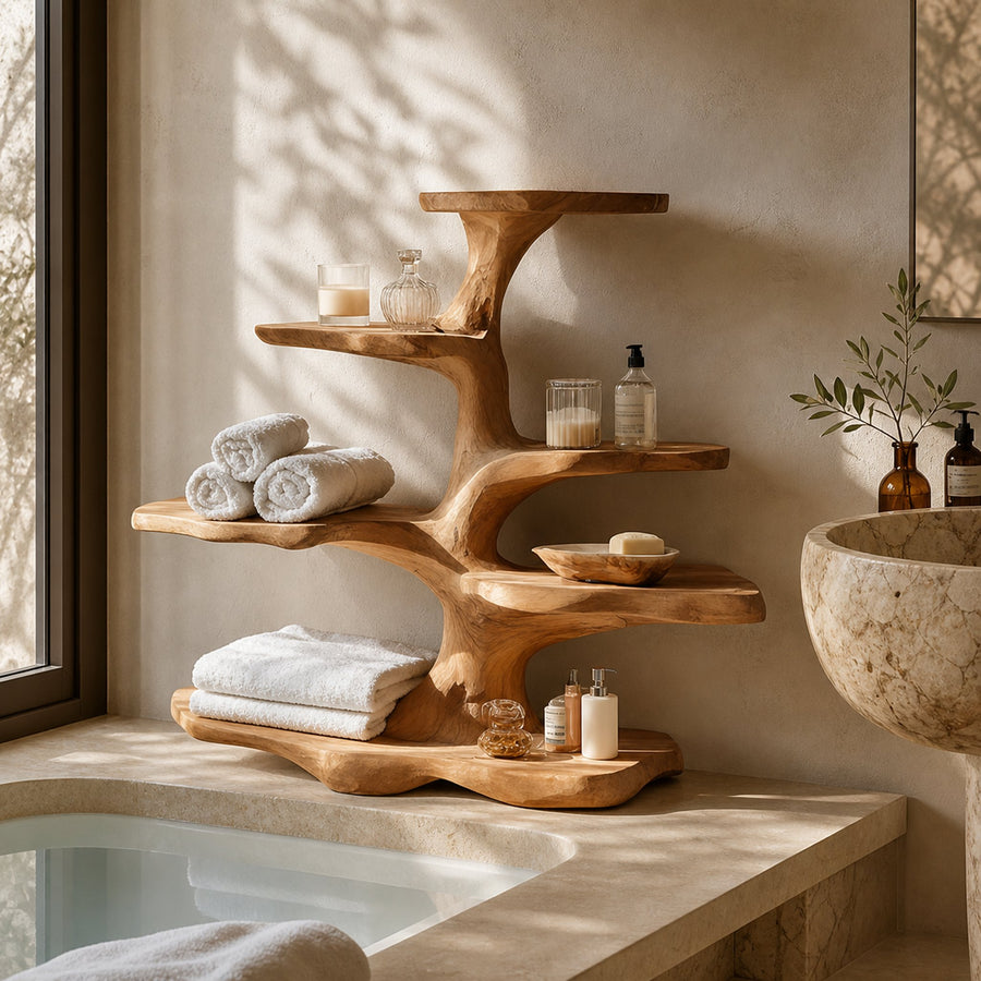 Organic Freestanding Tree Shelf For Bathroom Storage And Interior Decor