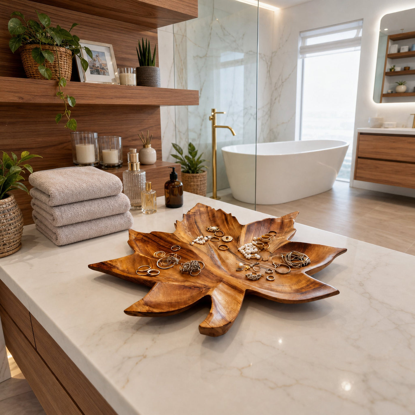 Organic Leaf Carved Jewelry Tray For Vanity Space