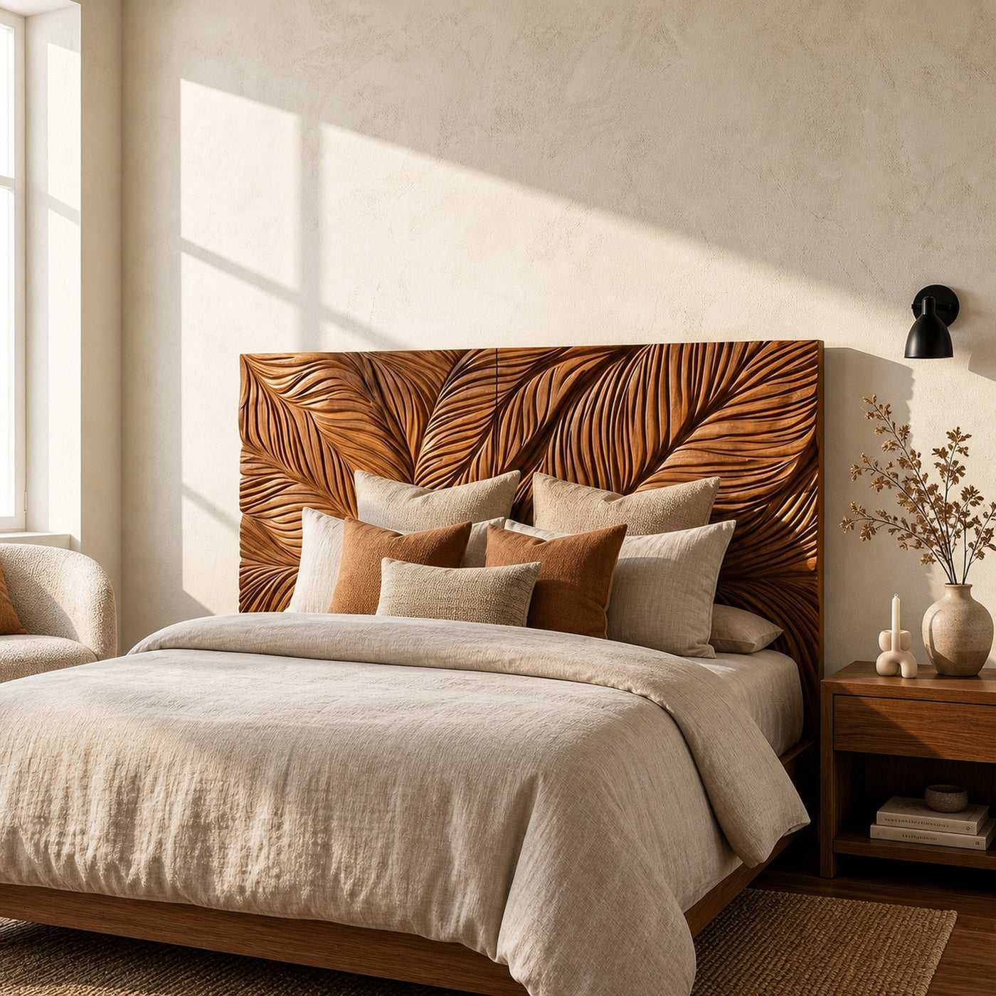Organic Leaf Relief Wood Headboard For Minimal Bedroom