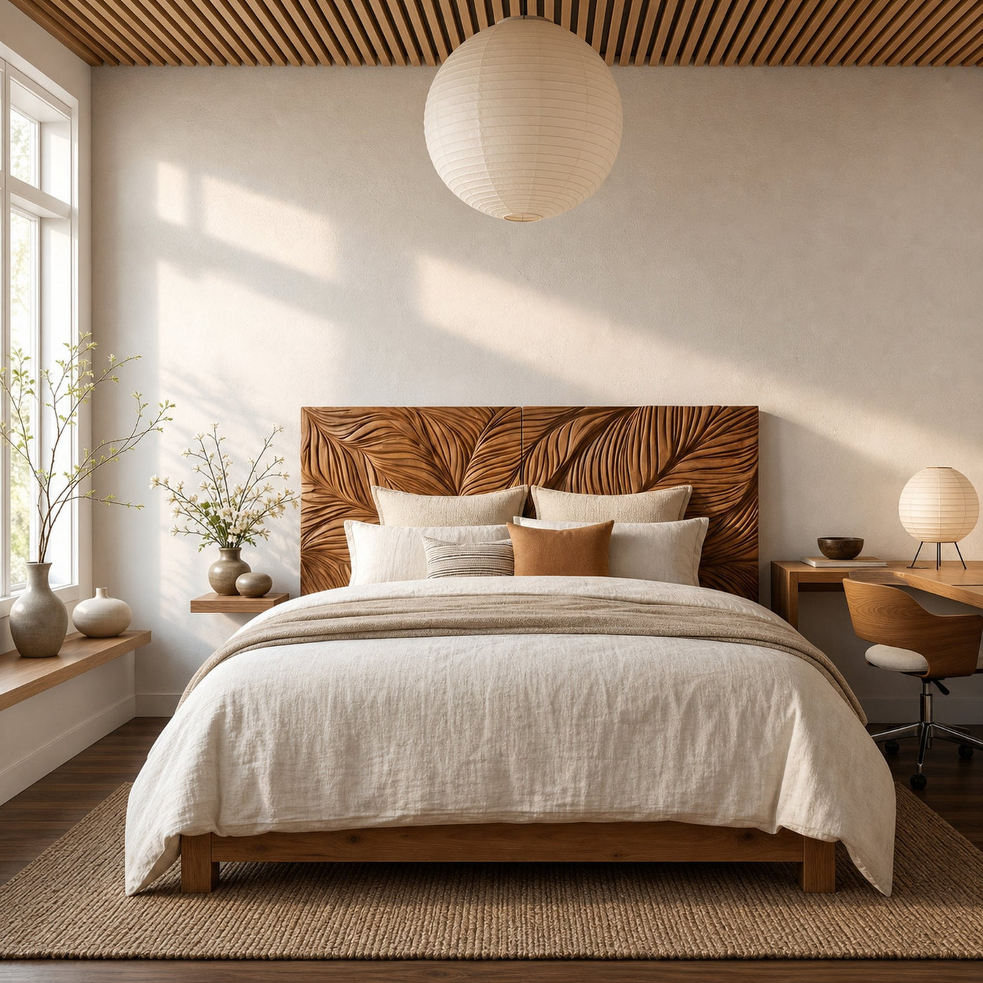 Organic Leaf Relief Wood Headboard For Minimal Bedroom - product view 6