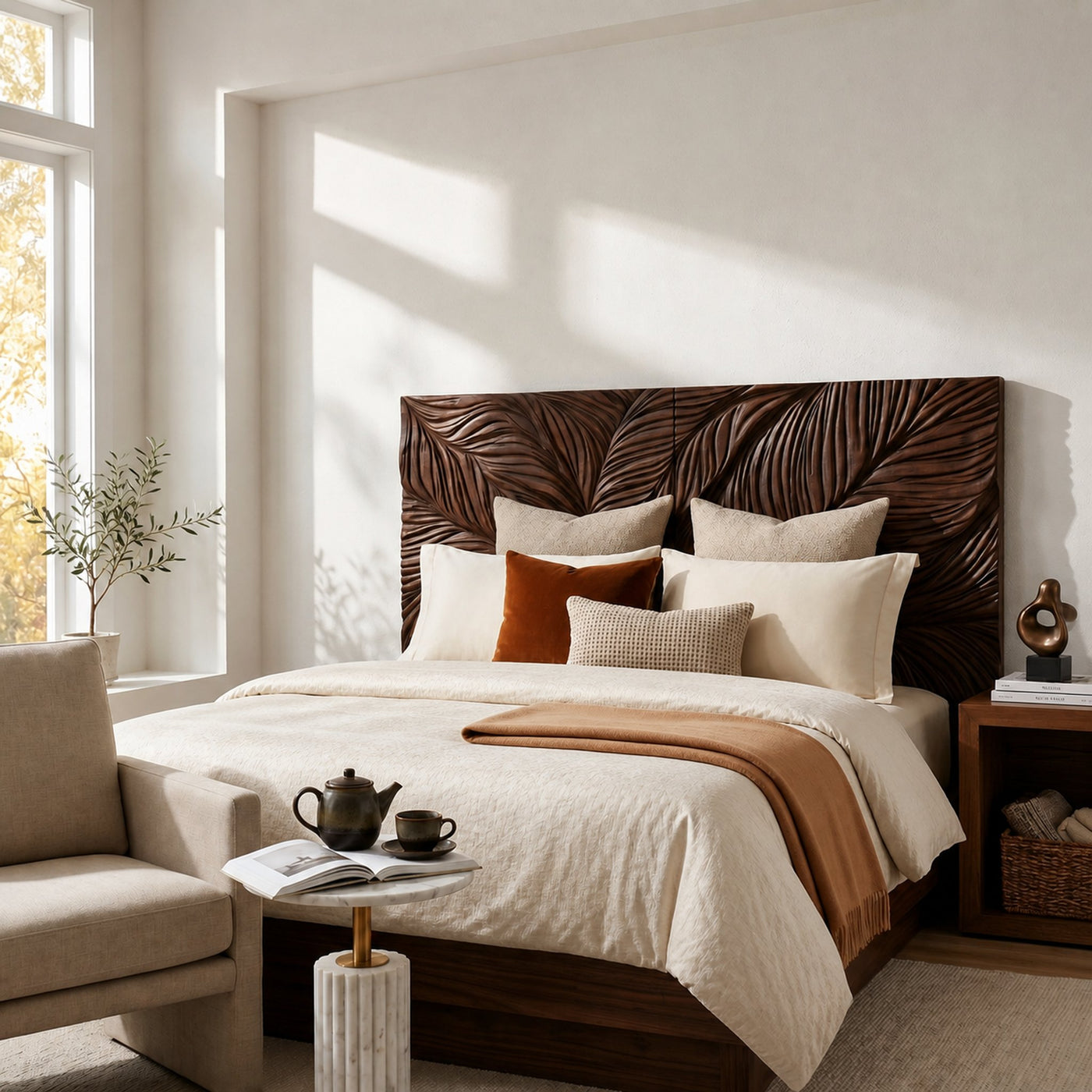 Organic Leaf Relief Wood Headboard For Minimal Bedroom - product view 7