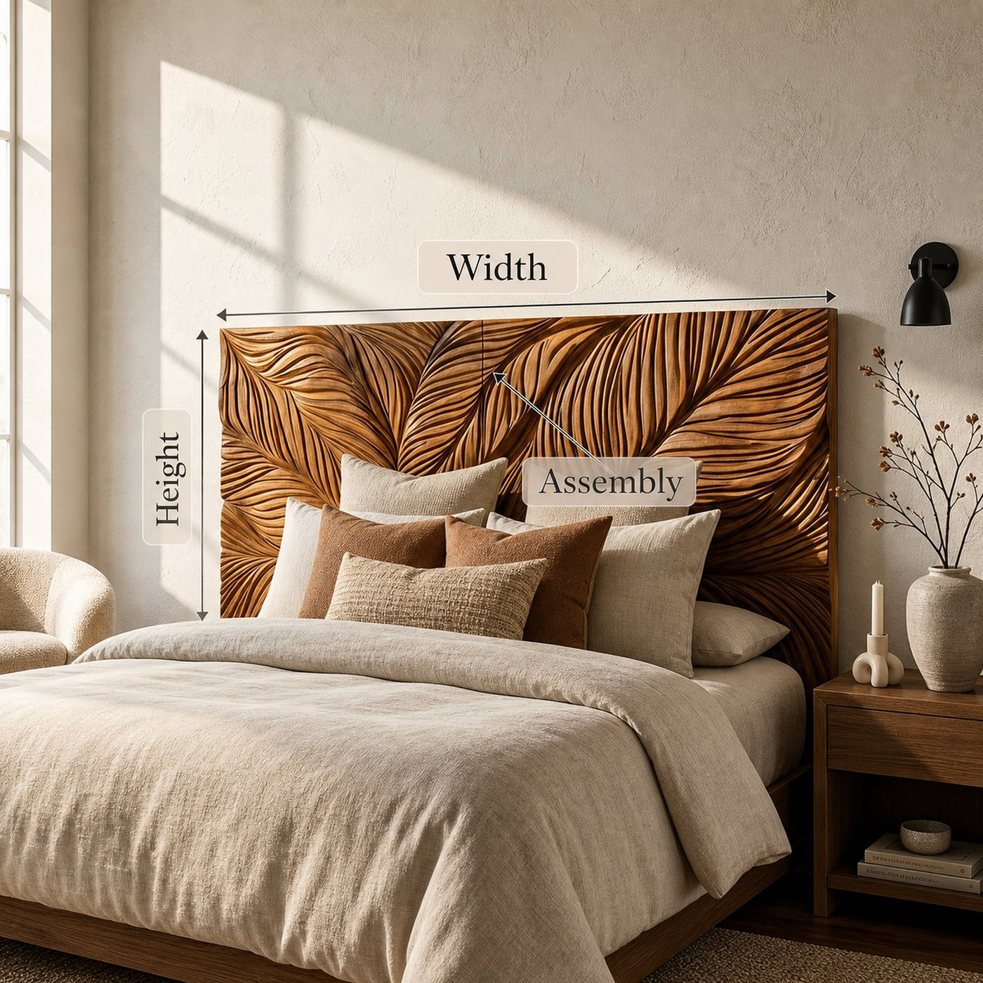 Organic Leaf Relief Wood Headboard For Minimal Bedroom - product view 8