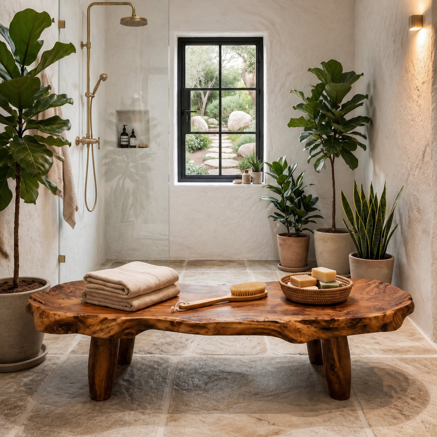 Organic Live Edge Shower Bench For Bathroom - product view 6