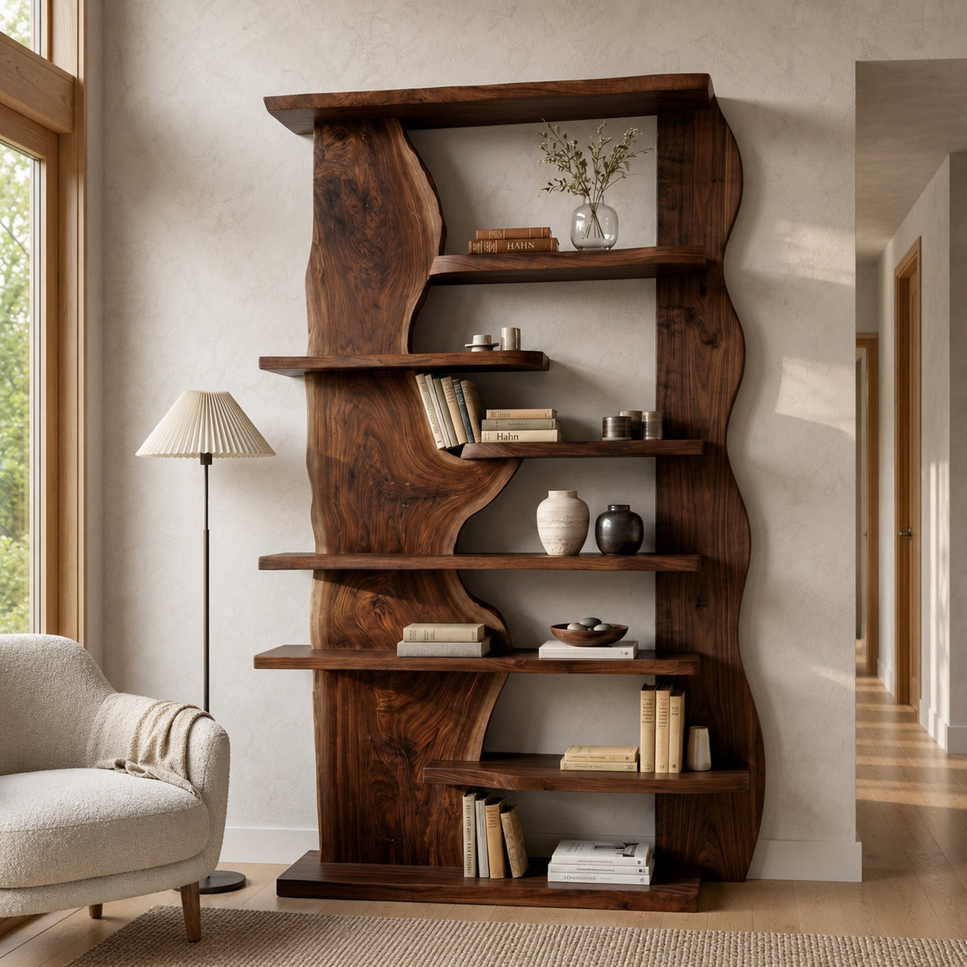Organic Live Edge Wooden Standing Shelf For Living Room - product view 7