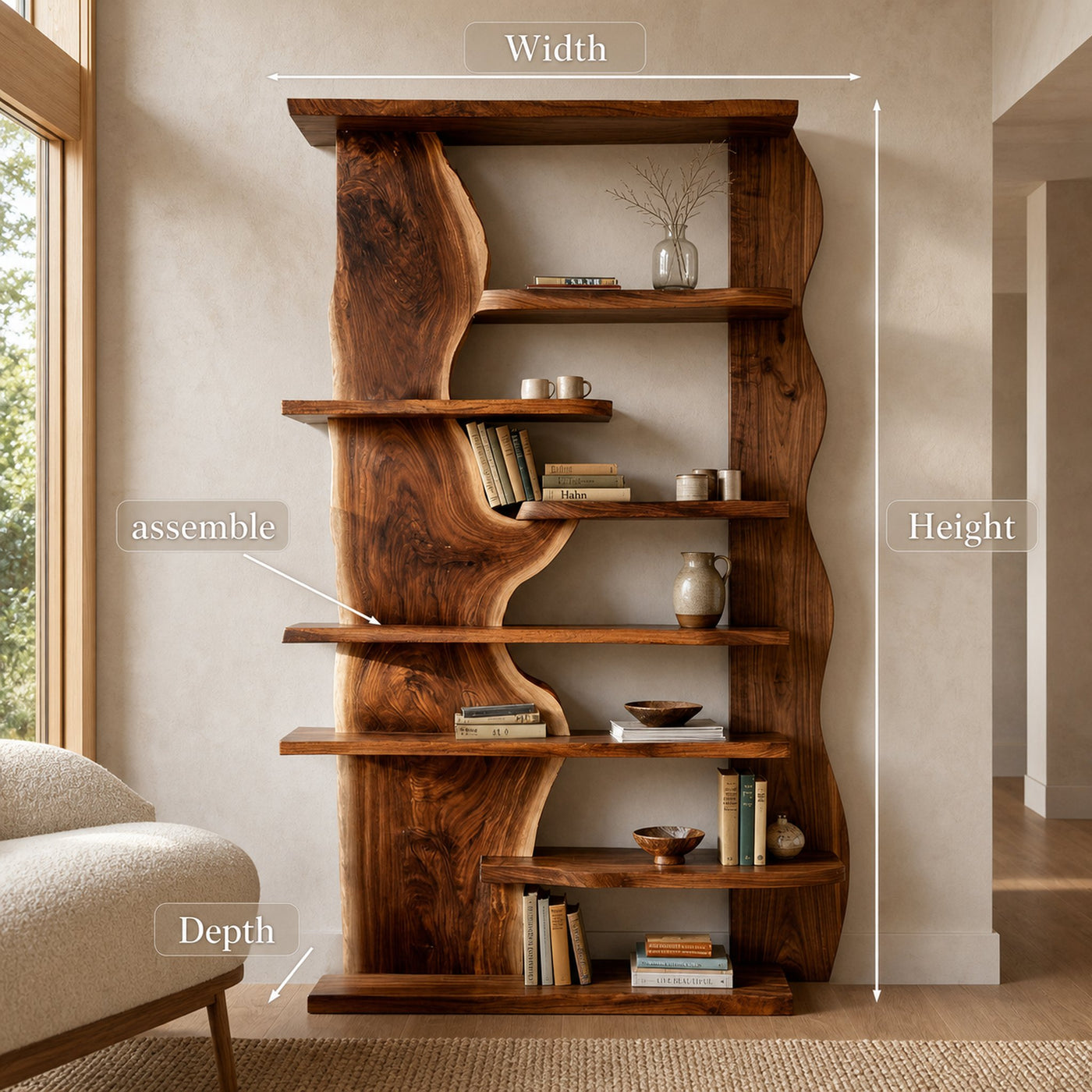 Organic Live Edge Wooden Standing Shelf For Living Room - product view 8