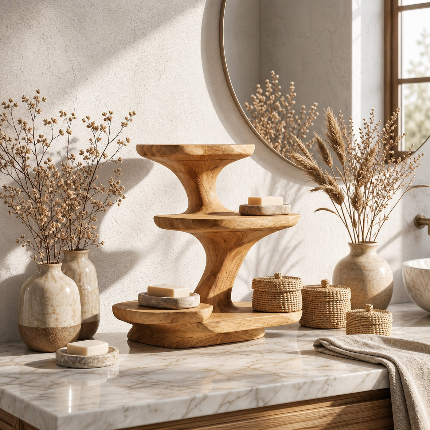 Organic Modern Bathroom Vanity Shelf With Sculptural Tiered Storage For Bathroom