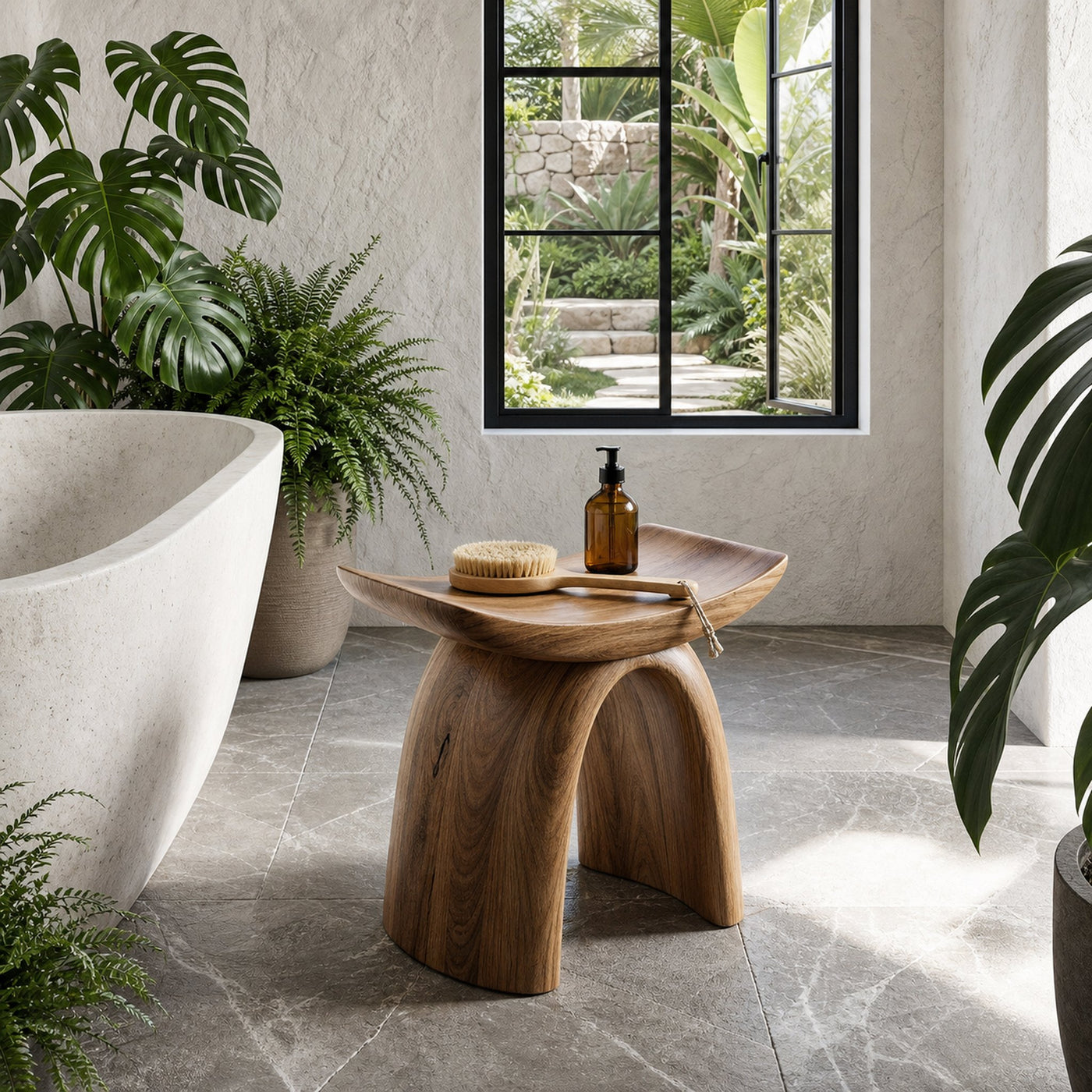 Organic Modern Shower Stool With Sculptural Wood Base For Bathroom