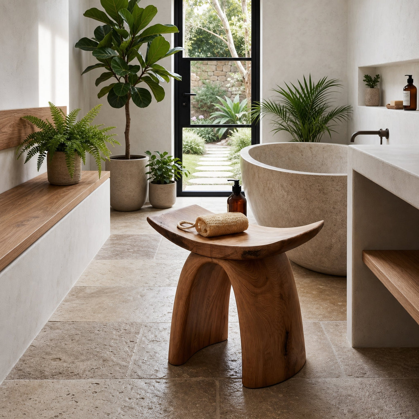 Organic Modern Shower Stool With Sculptural Wood Base For Bathroom - product view 6
