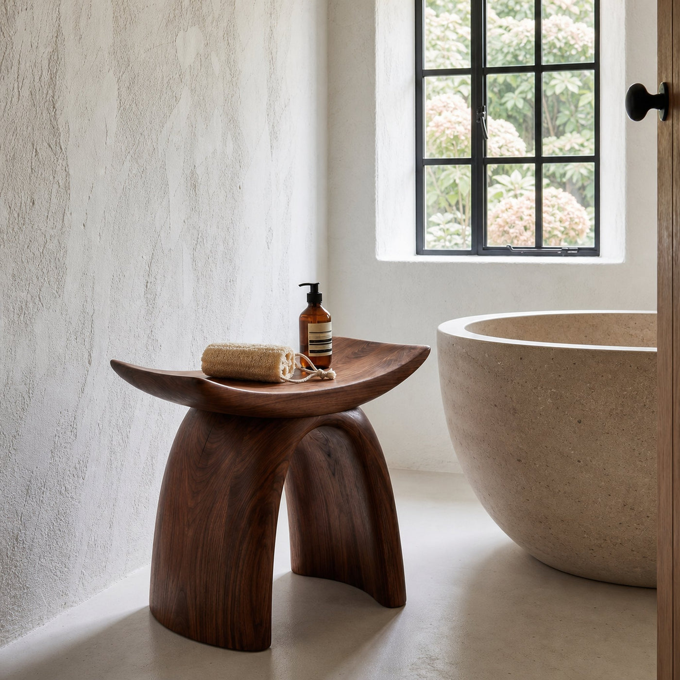 Organic Modern Shower Stool With Sculptural Wood Base For Bathroom - product view 7