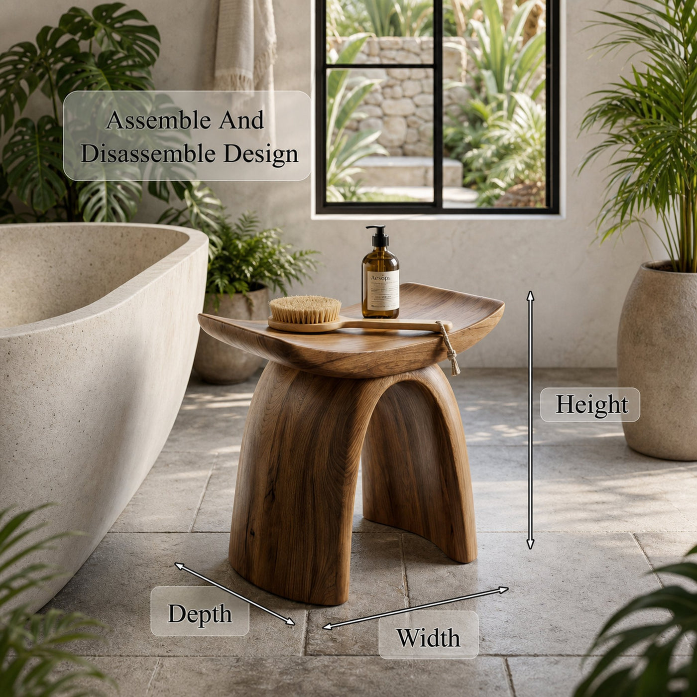 Organic Modern Shower Stool With Sculptural Wood Base For Bathroom - product view 8