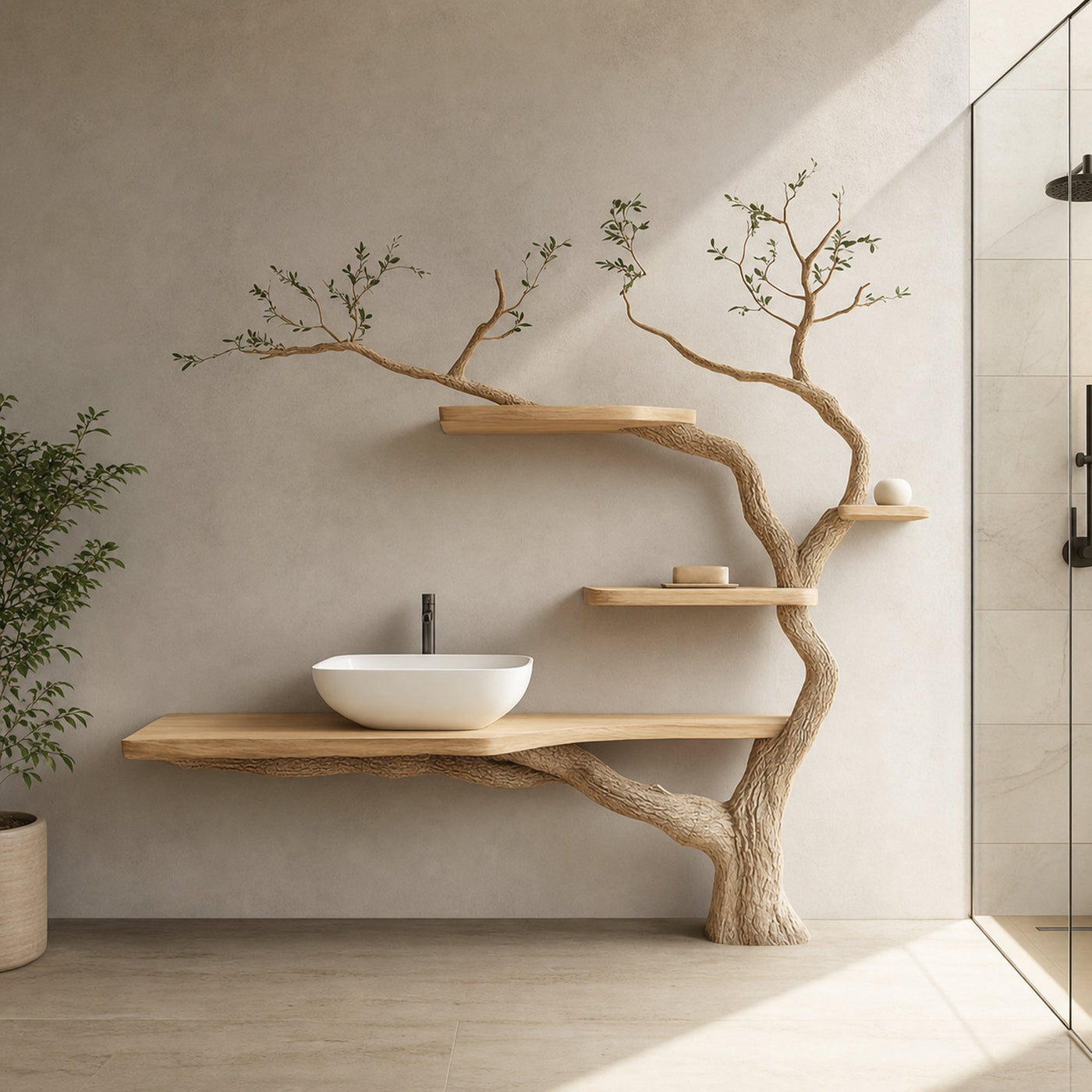 Organic Modern Tree Inspired Vanity Shelf For Bathroom