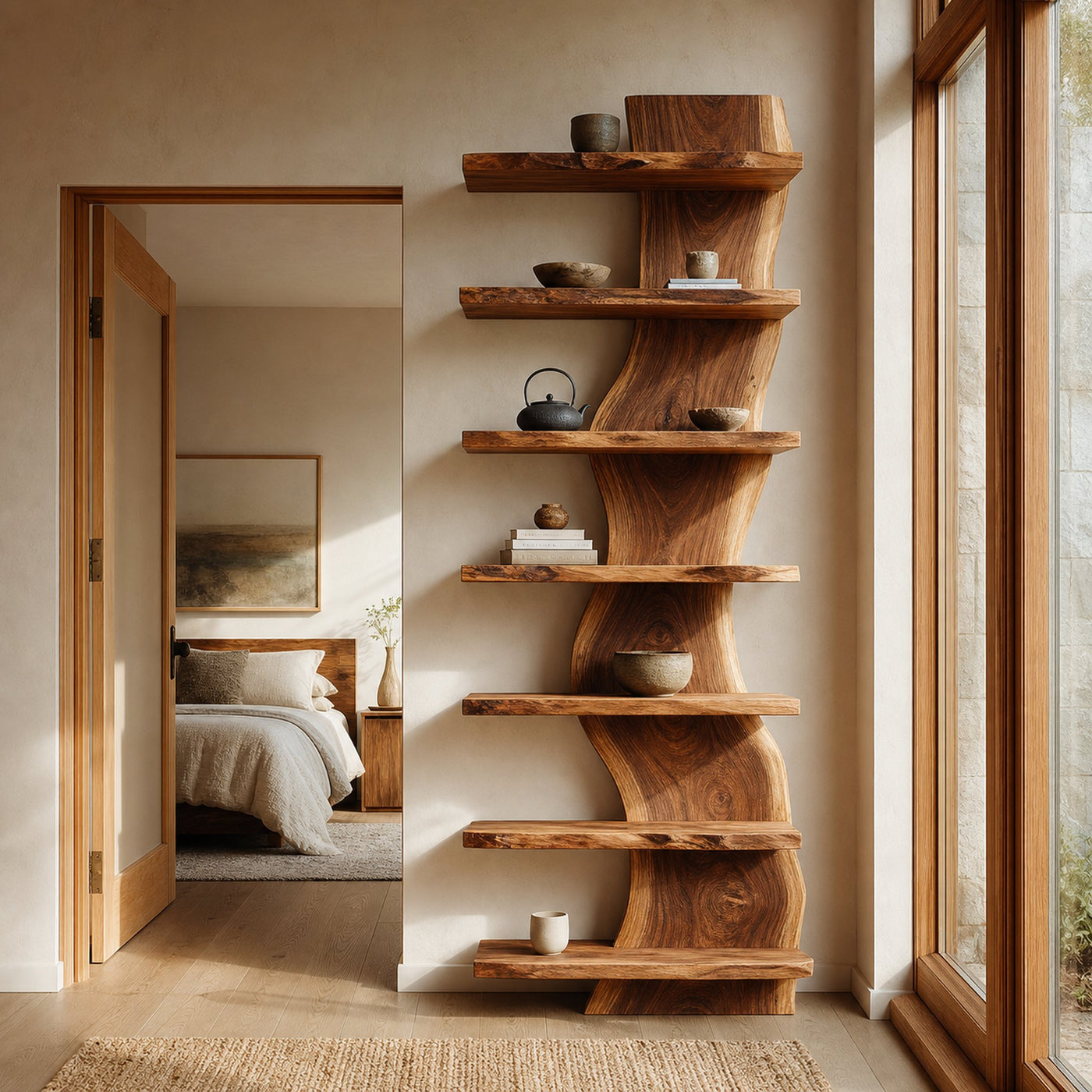 Organic Modern Wood Standing Shelf For Living Room