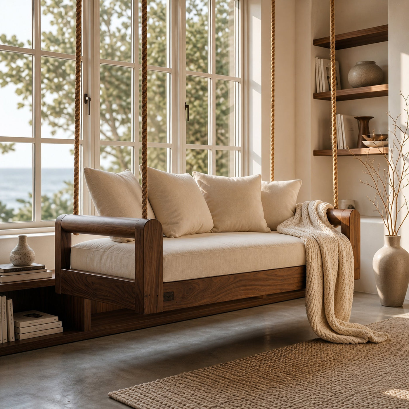 Organic Modern Wooden Hanging Couch Swing Minimalist Interior - product view 7