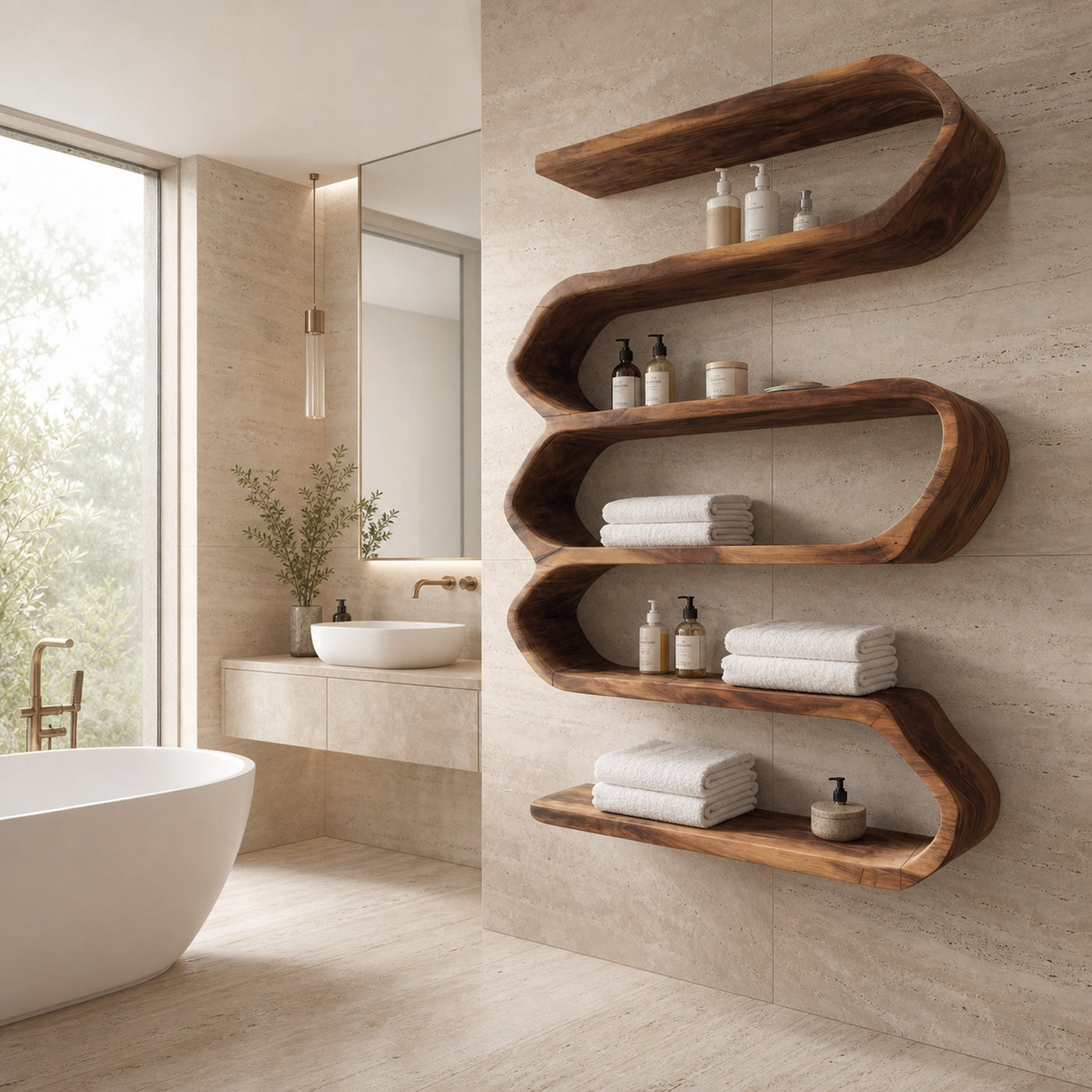 Organic Natural Wood Bathroom Shelf For Spa Style