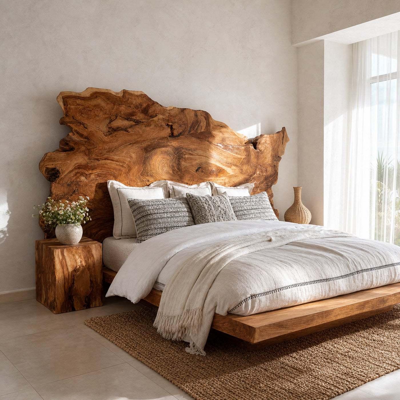 Organic Natural Wood Headboard For Minimalist Japandi Bedroom Design