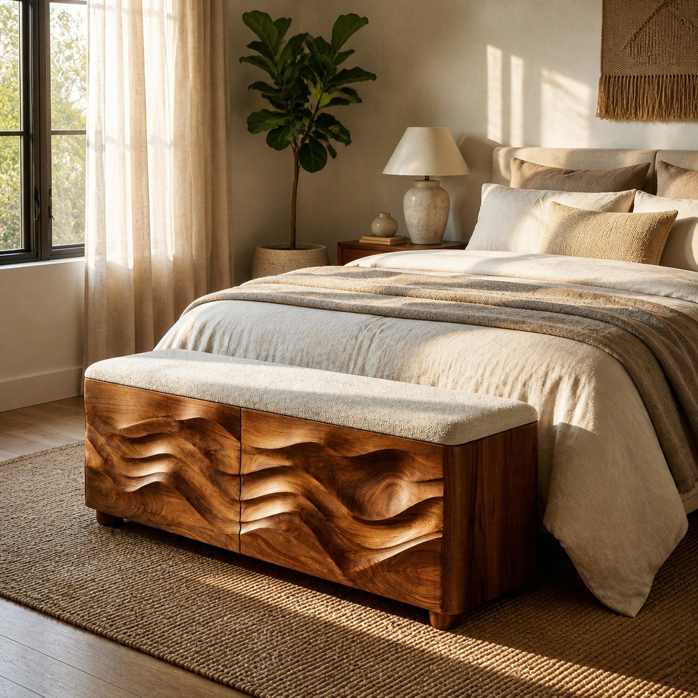 Organic Natural Wood Storage Bench For End Of Bed