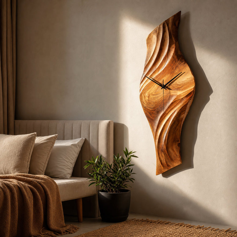 Organic Natural Wood Wall Clock For Statement Bedroom Interior