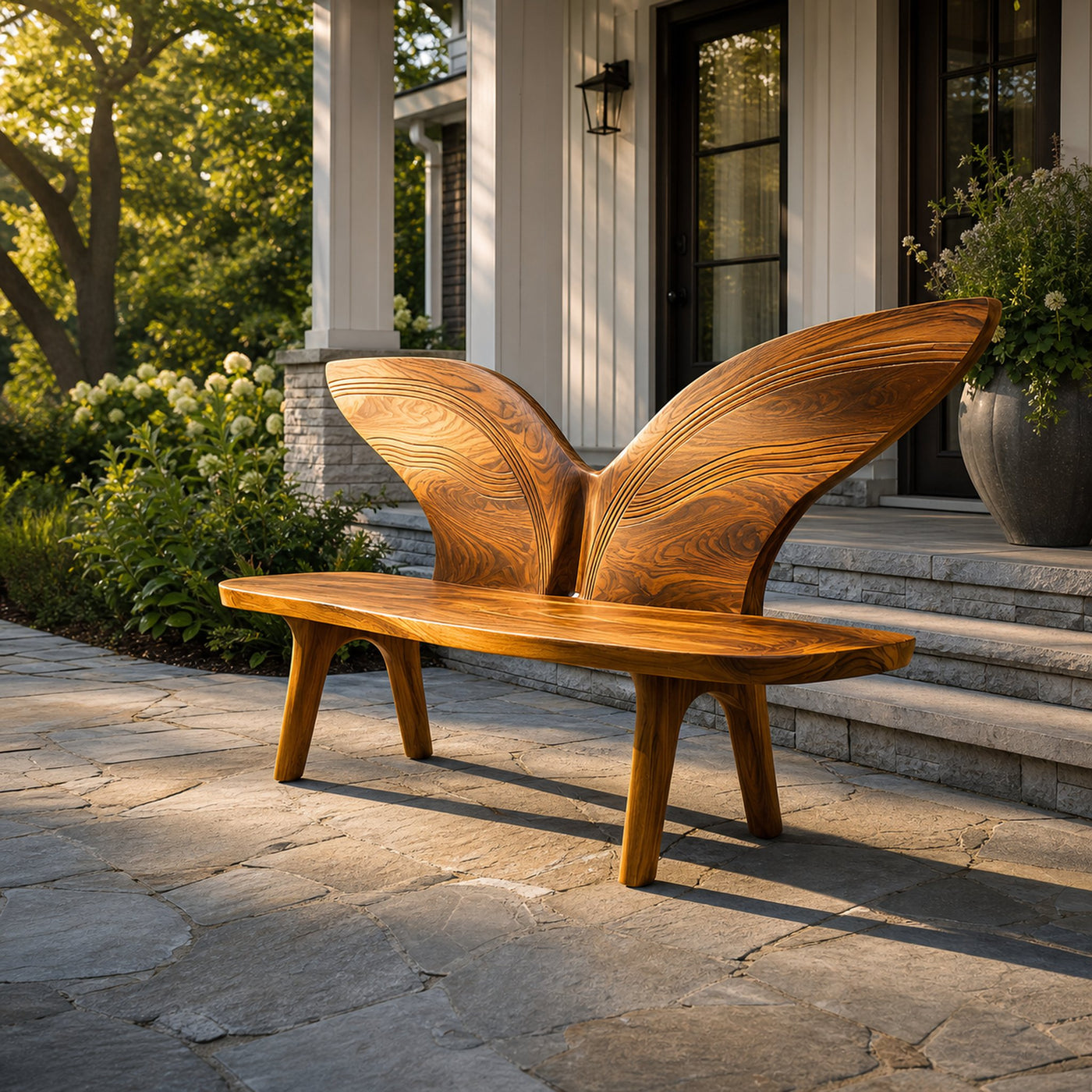 Organic Outdoor Wood Bench With Butterfly Wing Backrest For Garden