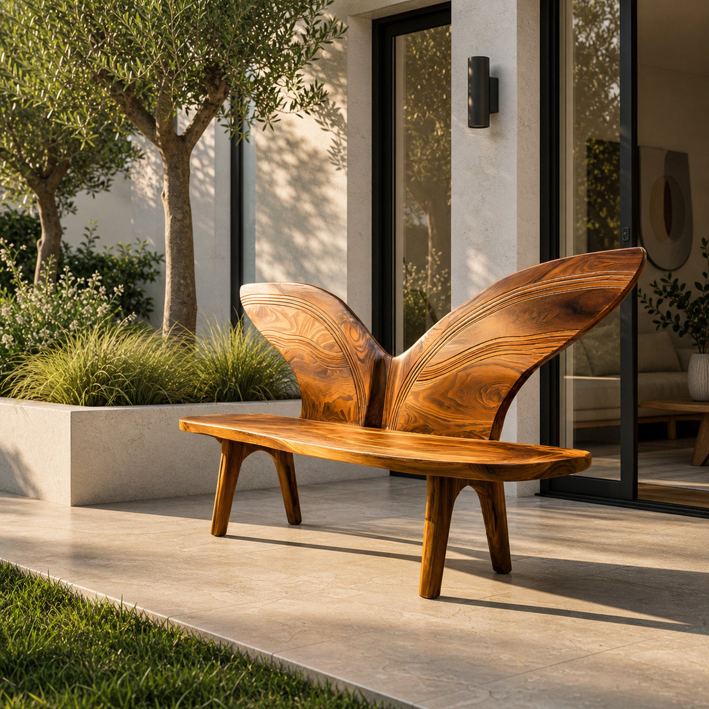 Organic Outdoor Wood Bench With Butterfly Wing Backrest For Garden - product view 6
