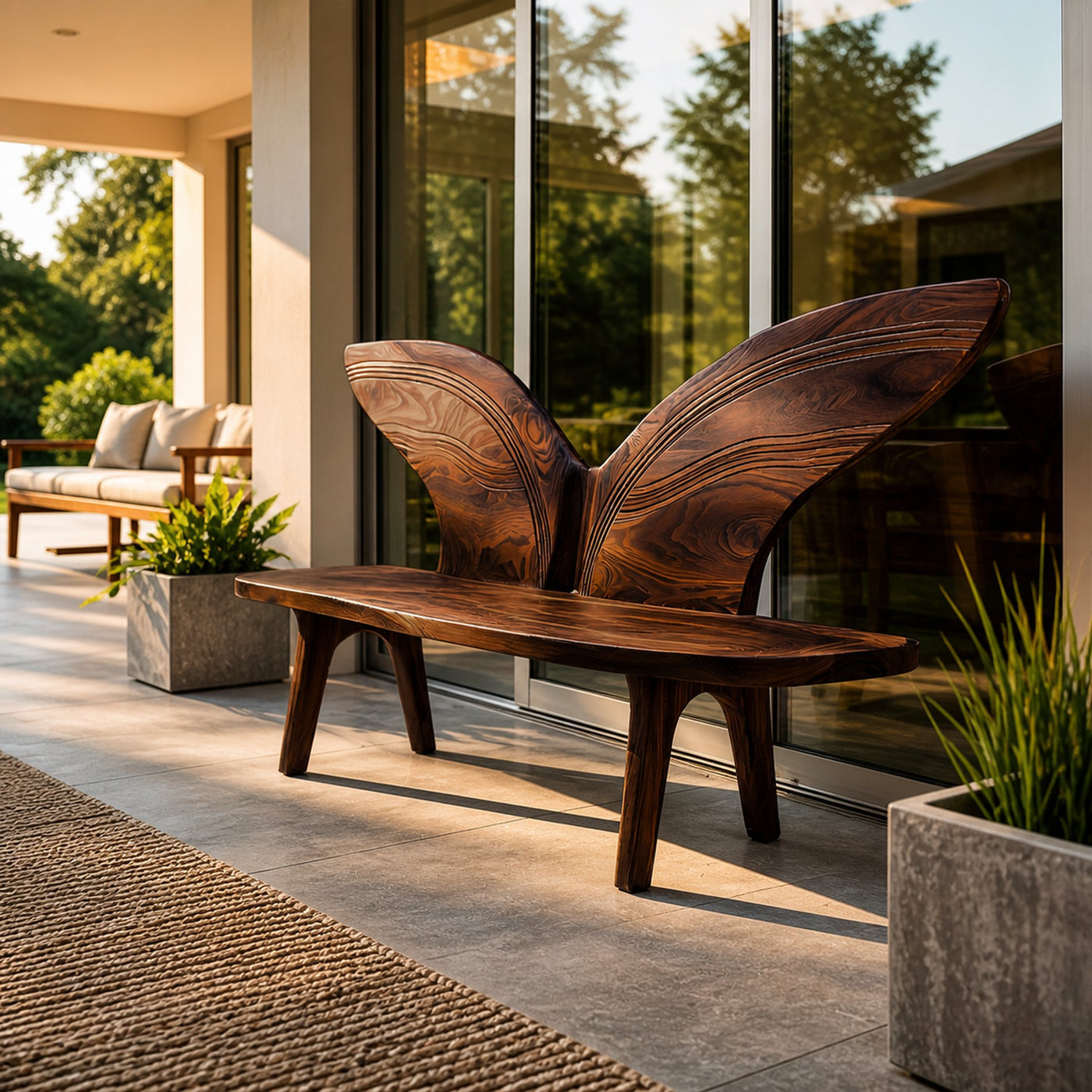 Organic Outdoor Wood Bench With Butterfly Wing Backrest For Garden - product view 7