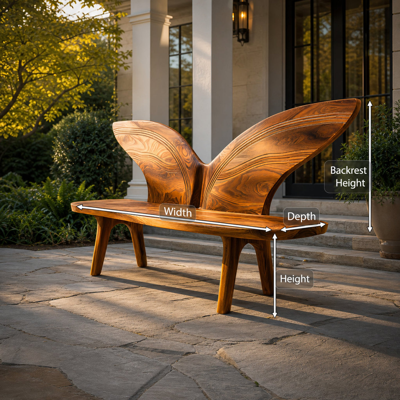 Organic Outdoor Wood Bench With Butterfly Wing Backrest For Garden - product view 8