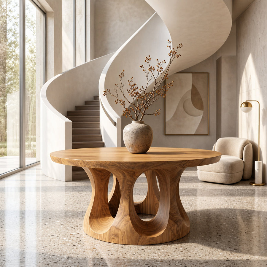 Organic Round Foyer Table With Sculptural Dual Ring Pedestal Base For Entryway And Hallway