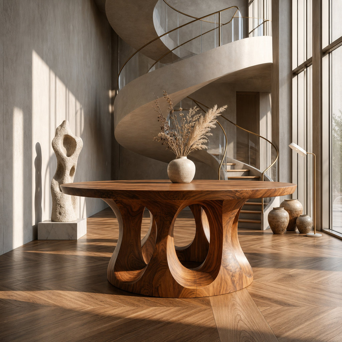 Organic Round Foyer Table With Sculptural Dual Ring Pedestal Base For Entryway And Hallway - product view 6