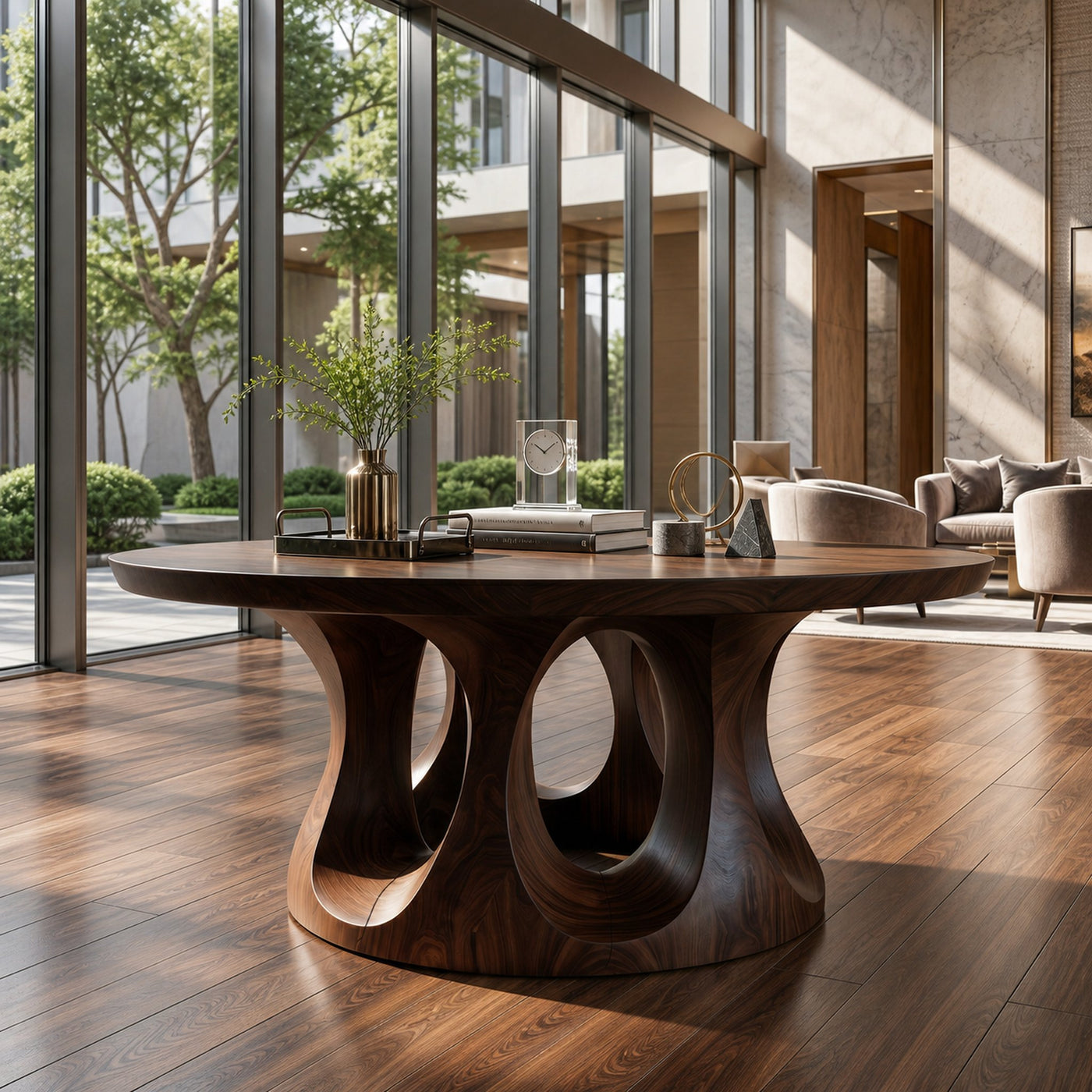 Organic Round Foyer Table With Sculptural Dual Ring Pedestal Base For Entryway And Hallway - product view 7
