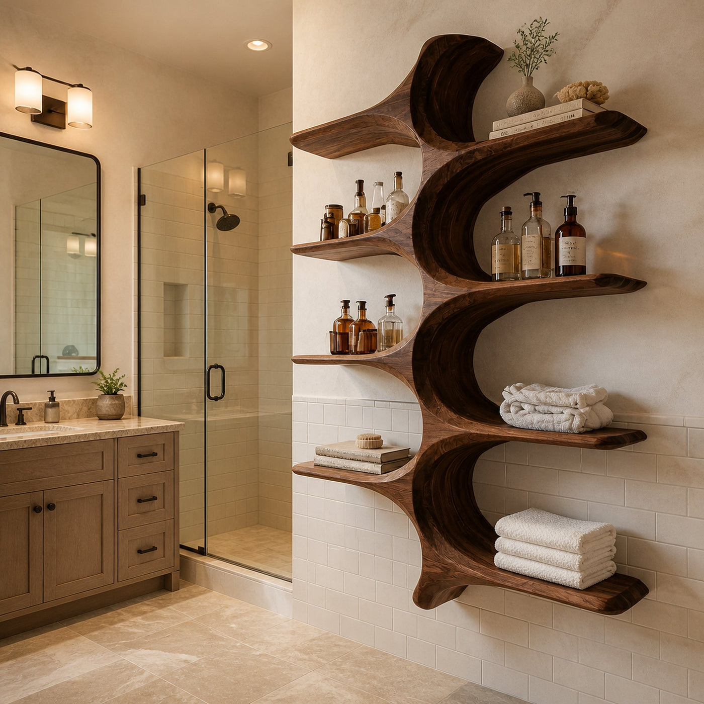Organic Sculptural Natural Wood Bathroom Shelf For Spa
