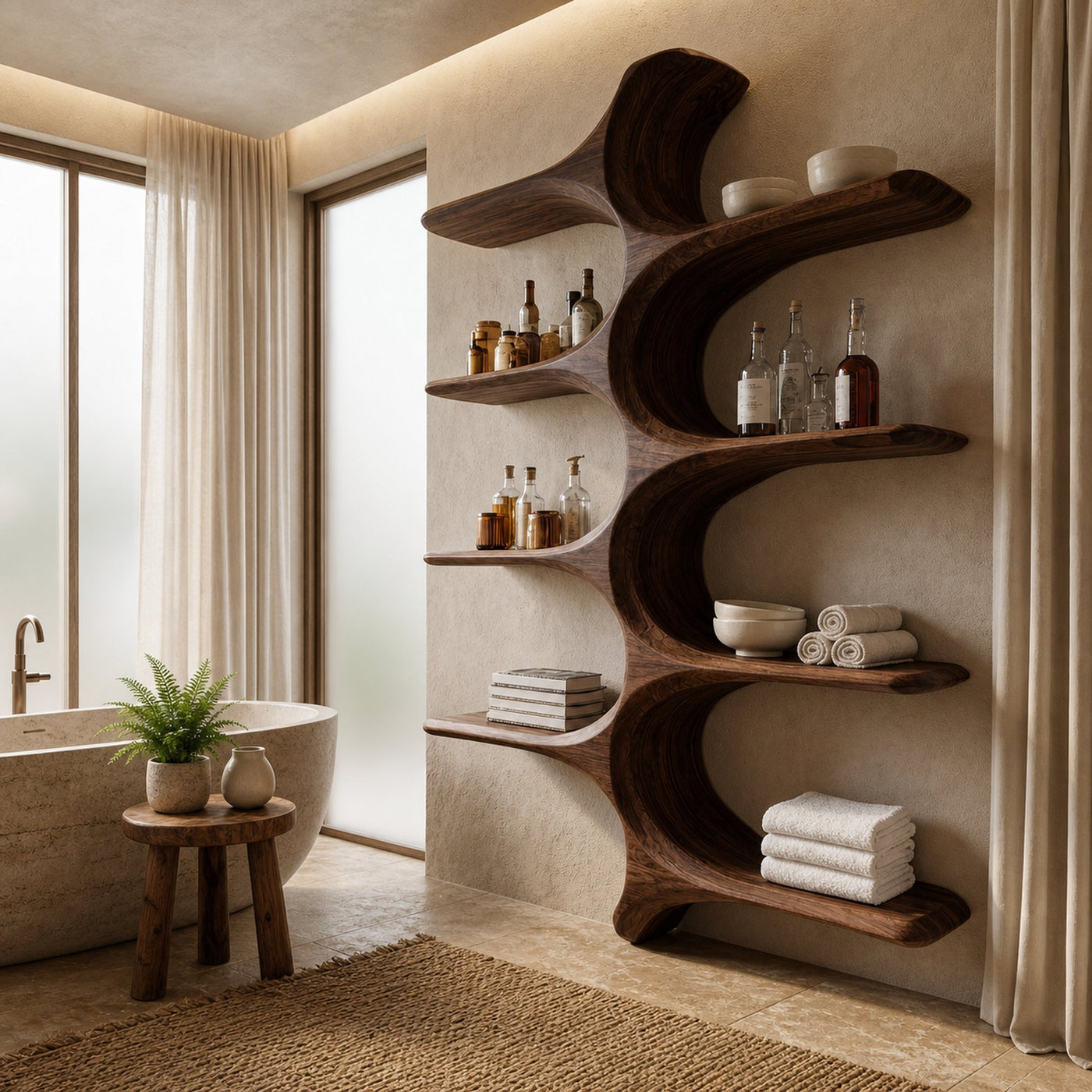 Organic Sculptural Natural Wood Bathroom Shelf For Spa - product view 6