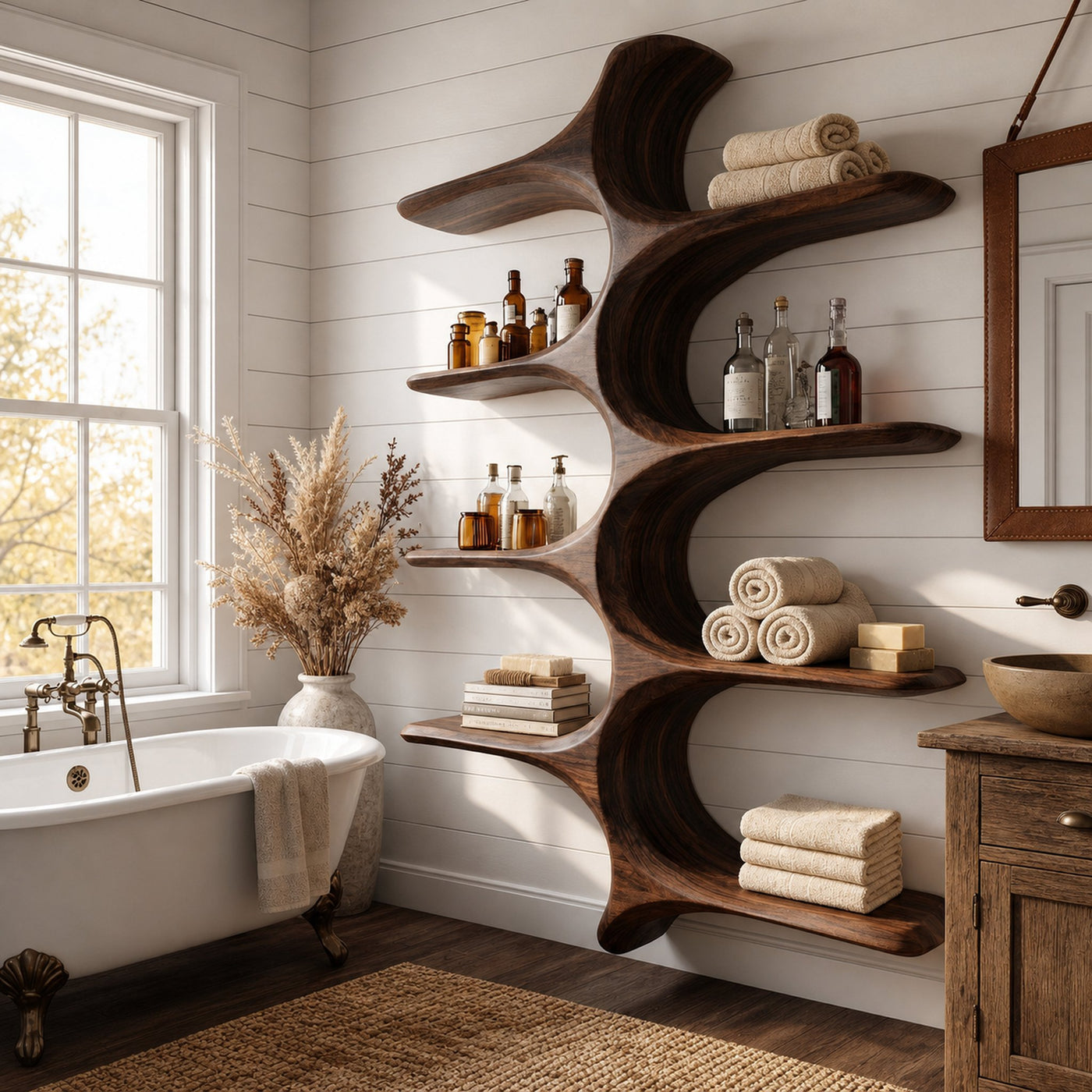 Organic Sculptural Natural Wood Bathroom Shelf For Spa - product view 7