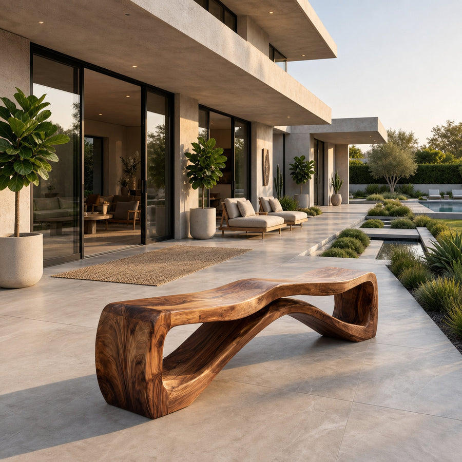 Organic Sculptural Natural Wood Outdoor Bench For Garden Patio