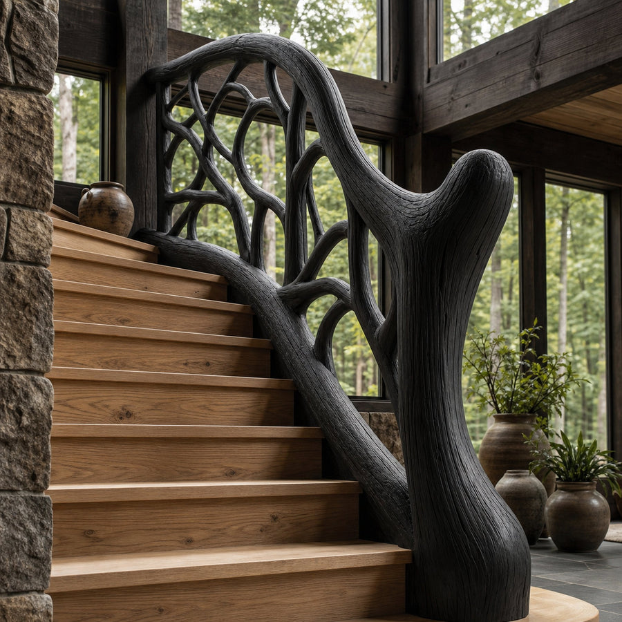 Organic Sculptural Stair Railing With Flowing Wood Design For Modern Interior