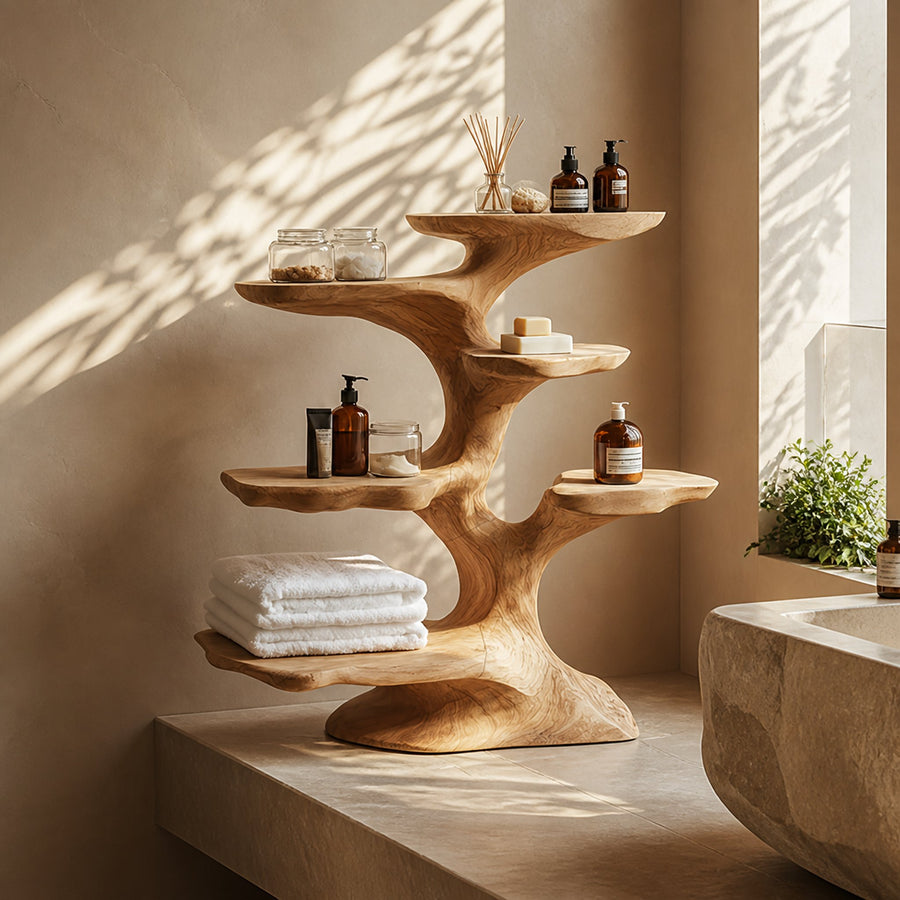 Organic Sculptural Tree Shelf For Bathroom Storage And Spa Style Interior