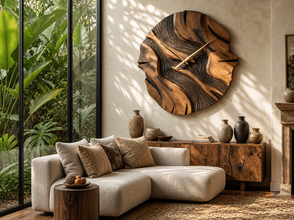 Organic Sculptural Wooden Wall Clock For Living Room
