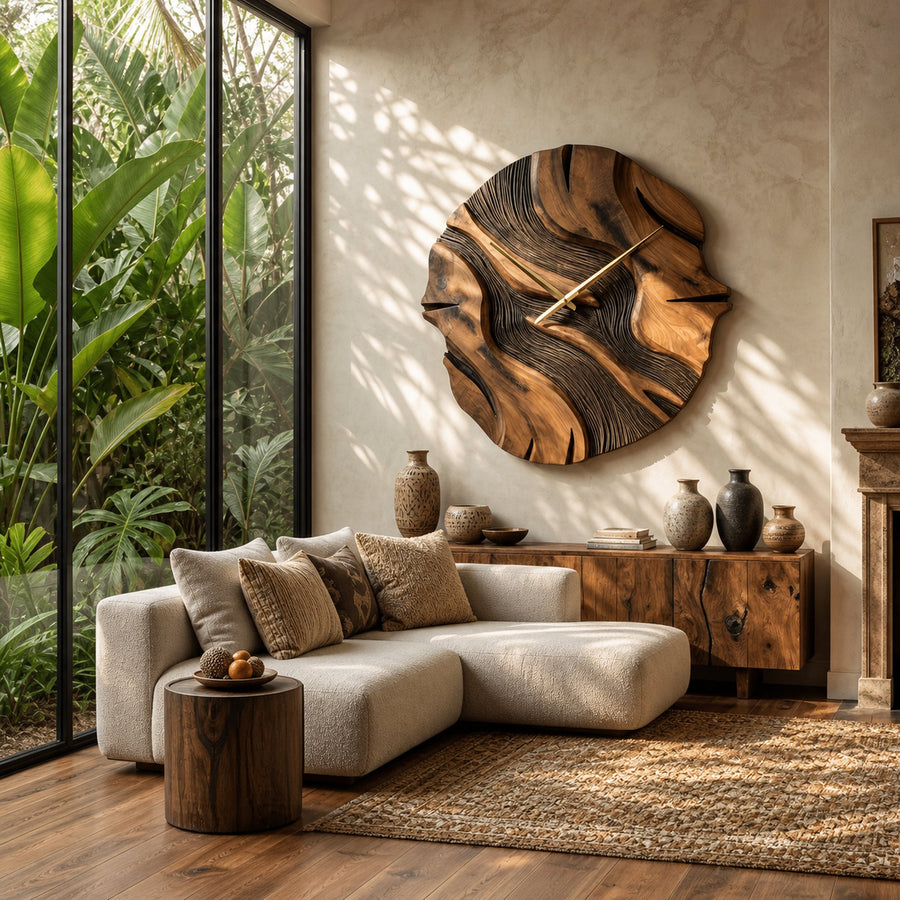 Organic Sculptural Wooden Wall Clock For Living Room