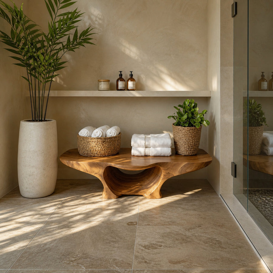 Organic Shower Bench With Curves And Storage Space For Bathroom